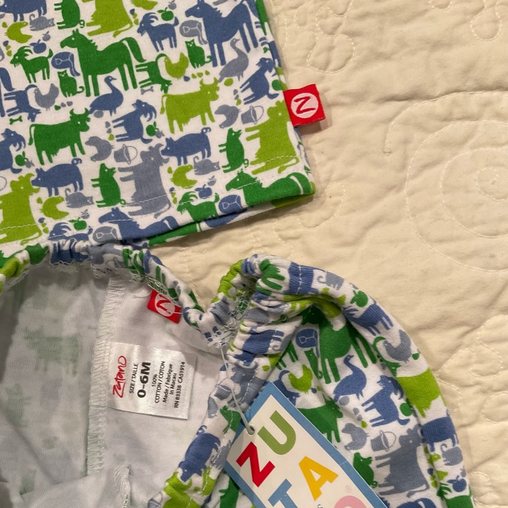 NWT 2 PC Zutano Green & Blue Farm Animal Print Cotton Outfit - Picture 4 of 5